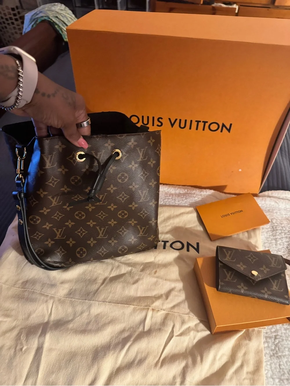 Louis Vuitton Monogram Petite Noe Bucket Bag in Brown with Gold Hardware